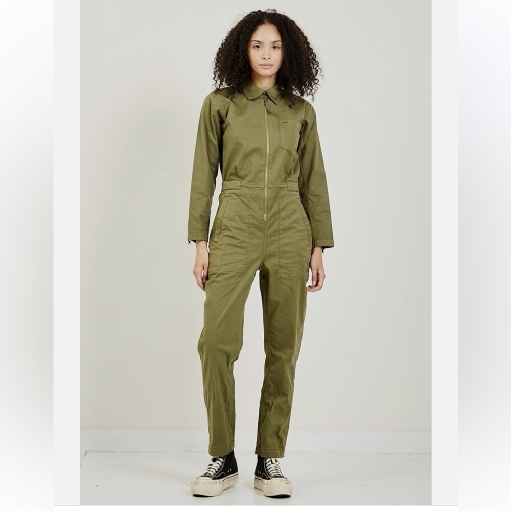 Alex Mill sage green zipper jumpsuit with adjustable waist buttons for cinching